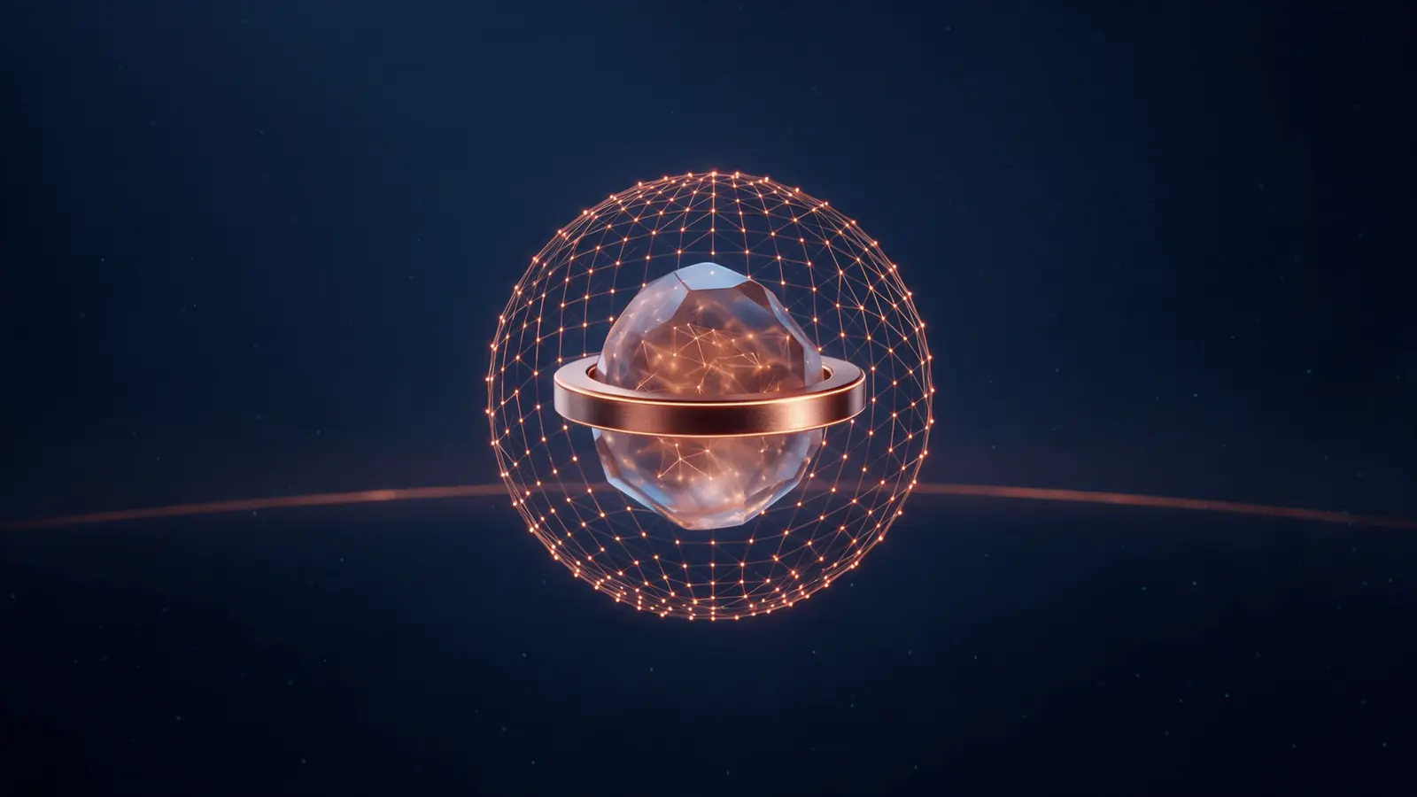 Concepto de NARSIL Brain: tres piezas de luz, un núcleo cristalino, una retícula de puntos y un anillo de cobre, encajadas en una sola estructura.