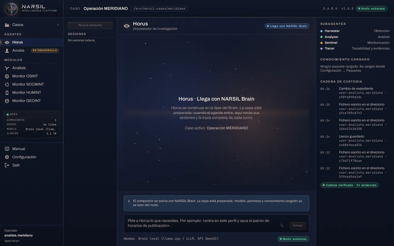 Captura de NARSIL Agents: consola de Horus, el orquestador de investigación, con sus subagentes y la cadena de custodia.