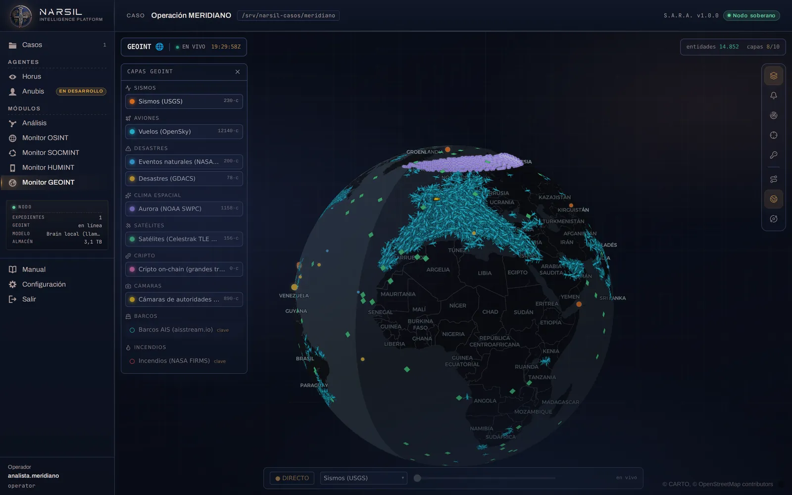 Captura de NARSIL S.A.R.A.: monitor GEOINT con el globo y sus capas de fuentes abiertas.